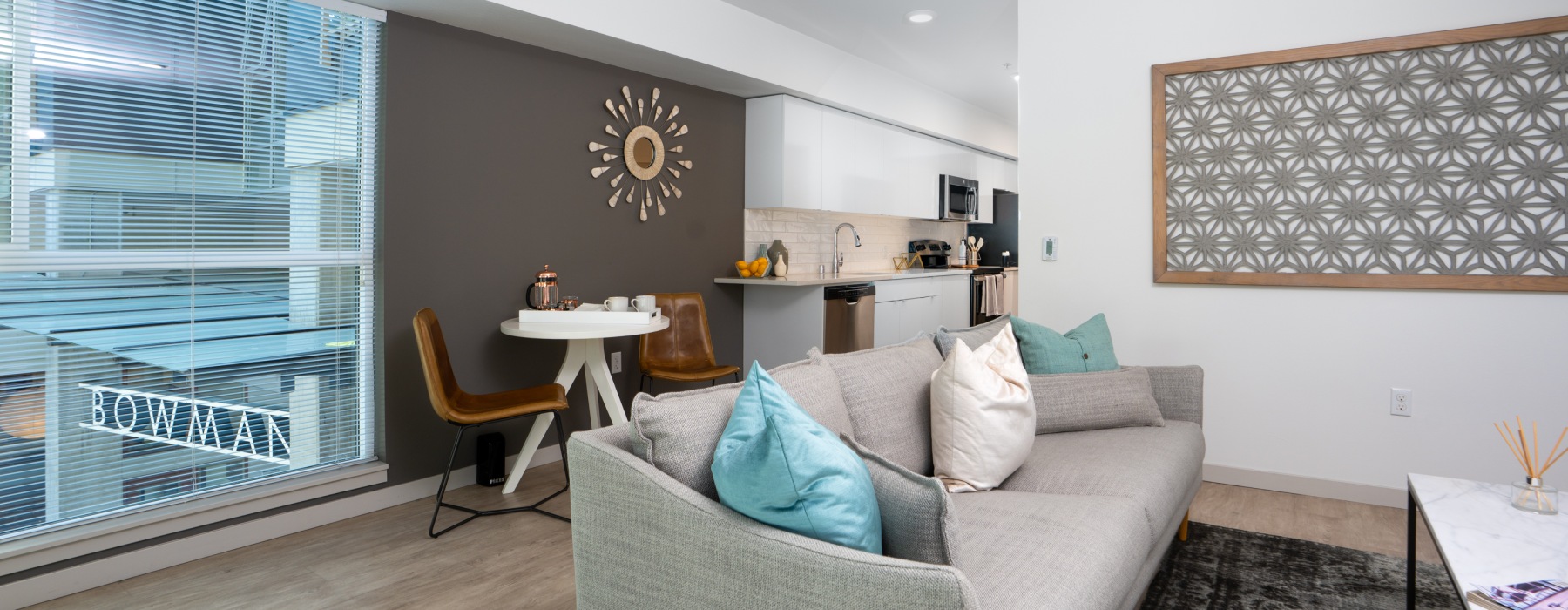a kitchen and living area