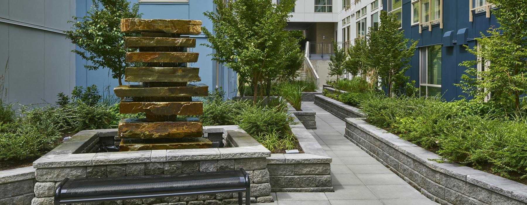 a bench in front of a building